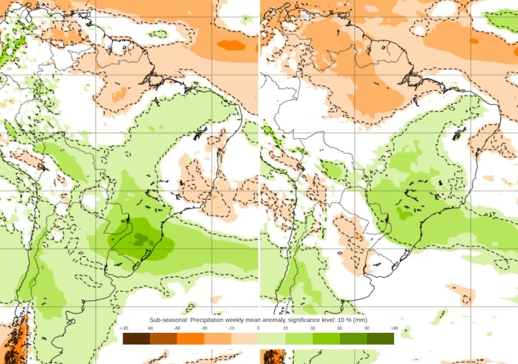 Previsão de anomalias de chuva entre os dias 28/09 a 05/10 (esquerda) e 05/10 a 12/10 (direita) mostram que chuvas volumosas continuarão sendo registradas entre o Sul, Sudeste e Centro-Oeste.