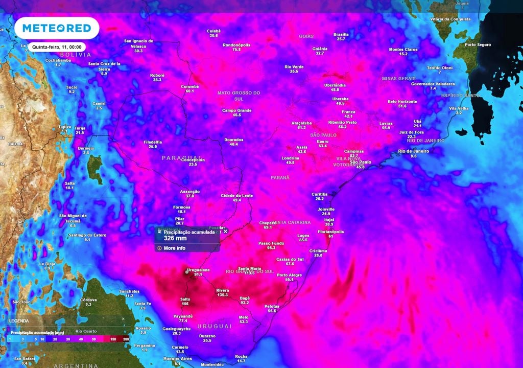 Previsão de acumulados totais de chuva até o final da quarta-feira.