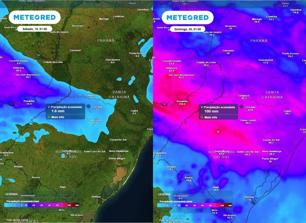 Acumulado de chuva em 24 horas sobre o Sul do Brasil. Acumulado de chuva no Sul na madrugada de sábado (19), às 01h (esquerda), e o volume total previsto até a madrugada de domingo (20), às 01h (direita).