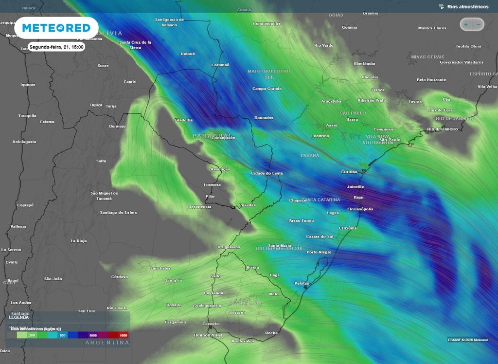 Rios Atmosféricos. Intenso fluxo de umidade permite o suporte a nuvens carregadas no Sul do Brasil no início da próxima semana.