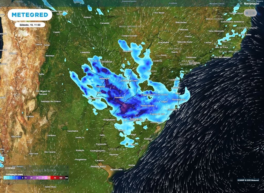 Precipitação para sabado (19). Precipitação prevista para o final da manhã de sábado (19), de acordo com o modelo ECMWF.