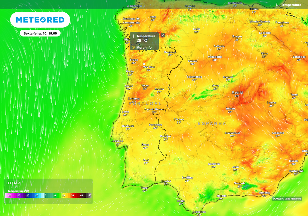Na sexta-feira (10), o Norte e Centro poderão registar máximas próximas dos 28 ºC, enquanto o Sul se mantém mais fresco sob influência depressionária.