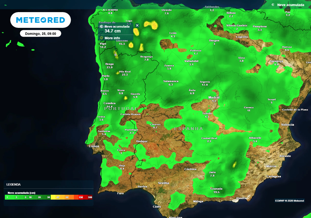 A neve acumulada em algumas serras do Norte e do Centro poderá atingir ou superar os 35 cm.