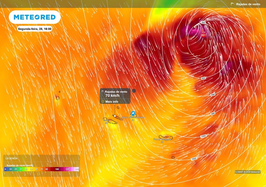 Depois da passagem do núcleo depressionário, o vento intensifica-se nos Açores. As rajadas poderão aproximar-se dos 70 km/h, enquanto a depressão prossegue a sua deslocação pelo Atlântico Norte.