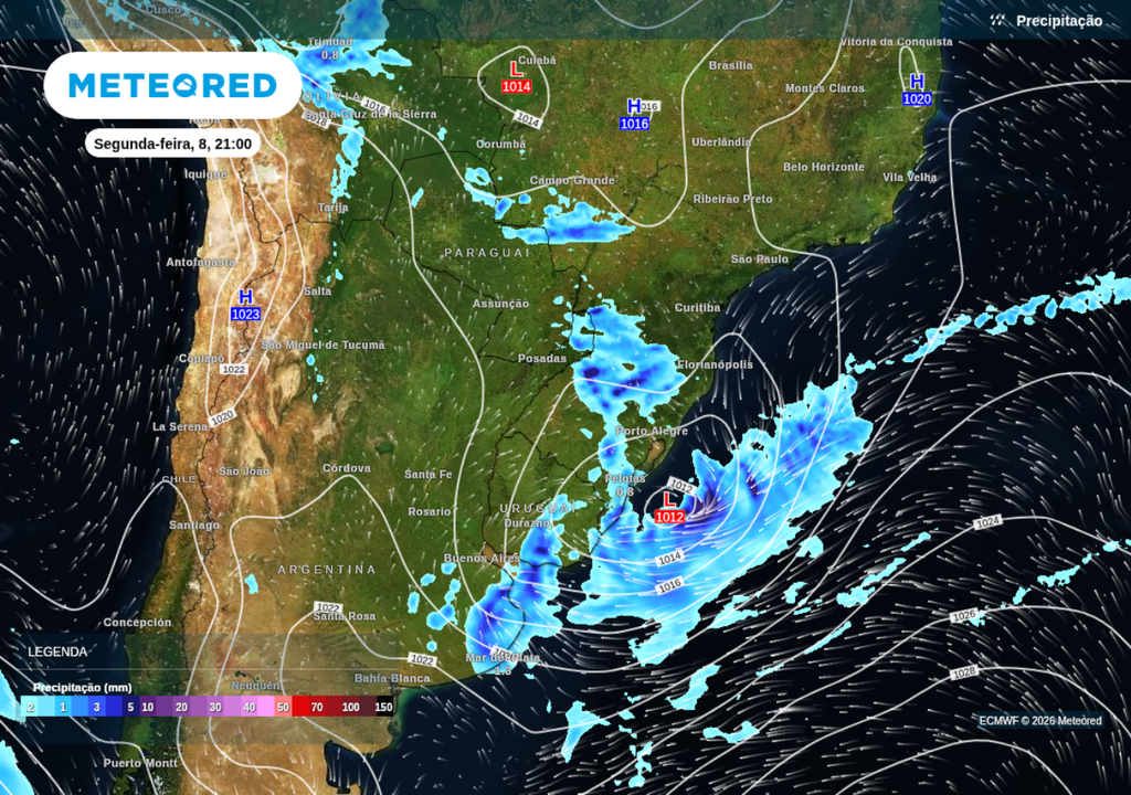 Previsão de formação de ciclone (letra L no campo de pressão), vento e chuva para segunda-feira (8), segundo o ECMWF.