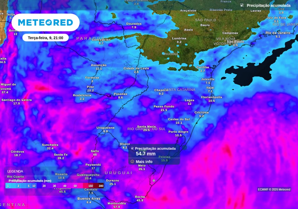 Previsão de chuva acumulada até a noite de terça-feira (9), segundo o ECMWF.