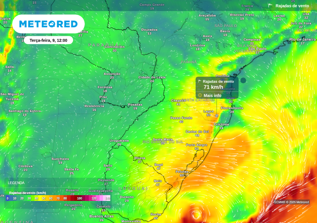 Previsão de rajada de vento para terça-feira (9), segundo o ECMWF.