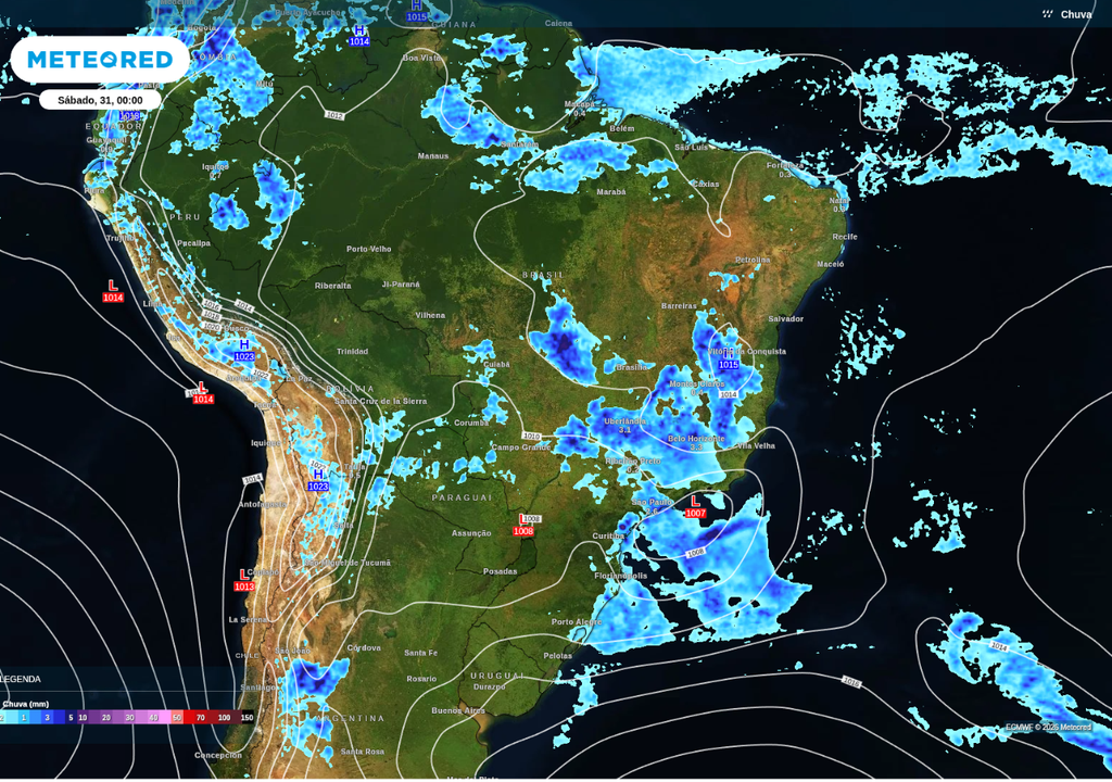 Previsão de formação de ciclone (letra L no campo de pressão) e chuva neste sábado (31), de acordo com o ECMWF. Previsão de formação de ciclone (letra L no campo de pressão) e chuva neste sábado (31), de acordo com o ECMWF.