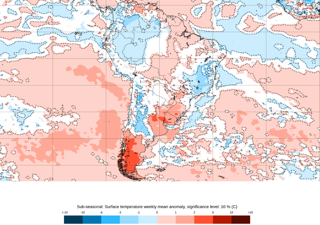 Previsão de anomalia semanal de temperatura (°C). Créditos: ECMWF. Previsão de anomalia semanal de temperatura (°C). Créditos: ECMWF.