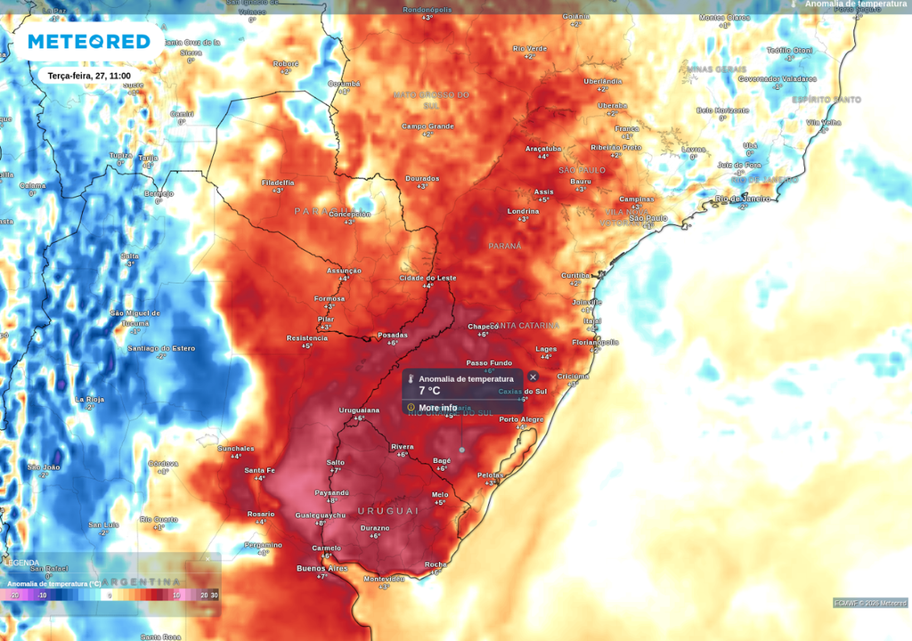 Previsão de anomalia de temperatura na manhã desta terça-feira (27), de acordo com o ECMWF. Previsão de anomalia de temperatura na manhã desta terça-feira (27), de acordo com o ECMWF.