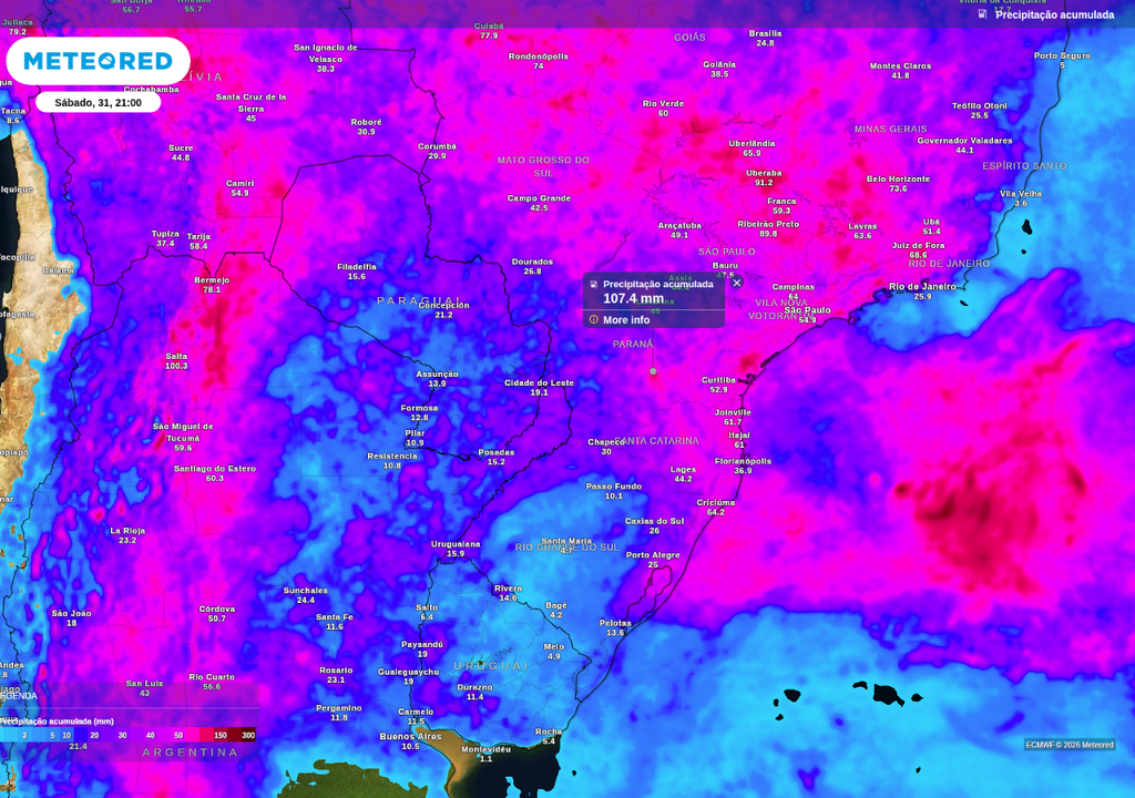Previsão de chuva acumulada até sábado (31), de acordo com o ECMWF. Previsão de chuva acumulada até sábado (31), de acordo com o ECMWF.