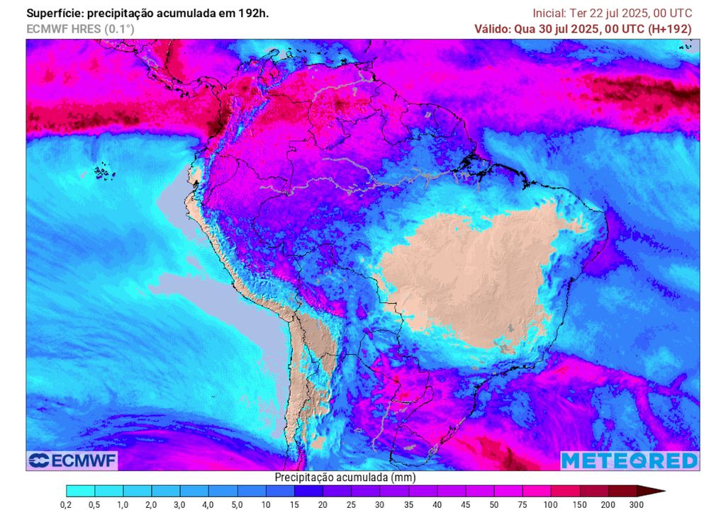 Previsão de acumulados totais de chuva até o final da próxima terça-feira.