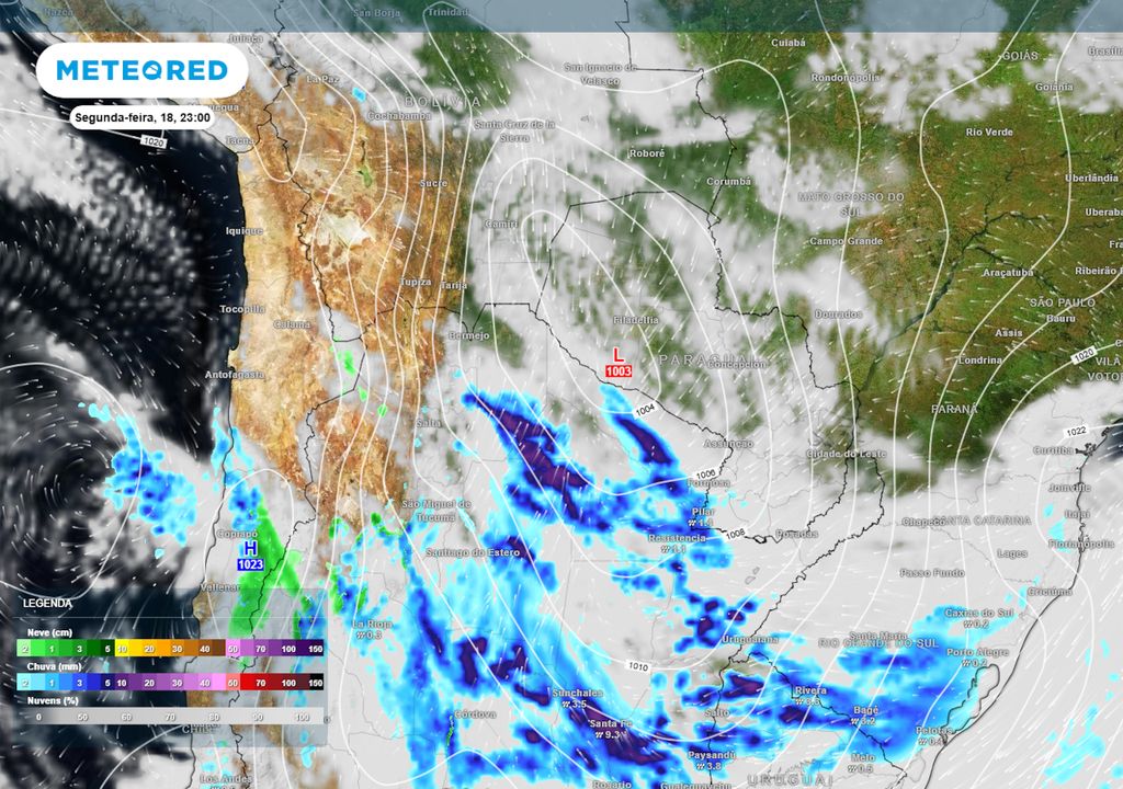 Previsão de pressão, nebulosidade e chuva na segunda-feira durante a noite. Previsão de pressão, nebulosidade e chuva na segunda-feira durante a noite.