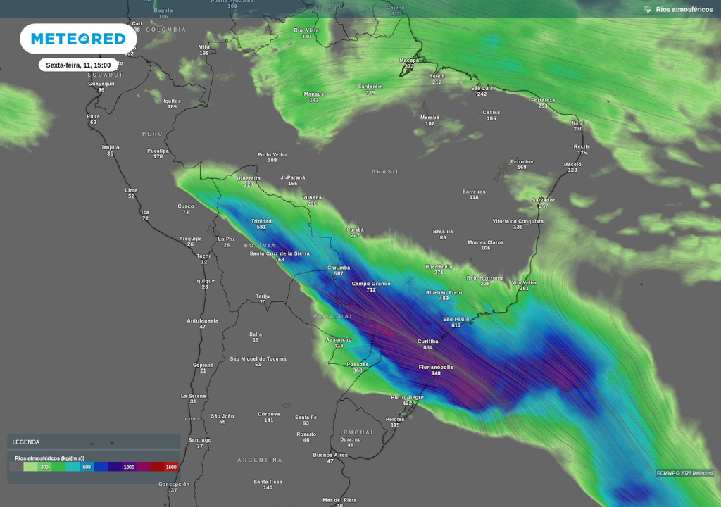Previsão de intenso rio atmosférico nesta sexta-feira (11), segundo o ECMWF.