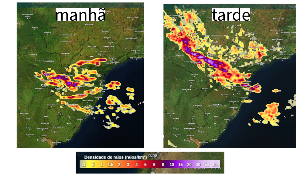 Previsão de tempestades para sexta-feira (11) de manhã e de tarde, segundo o ECMWF.