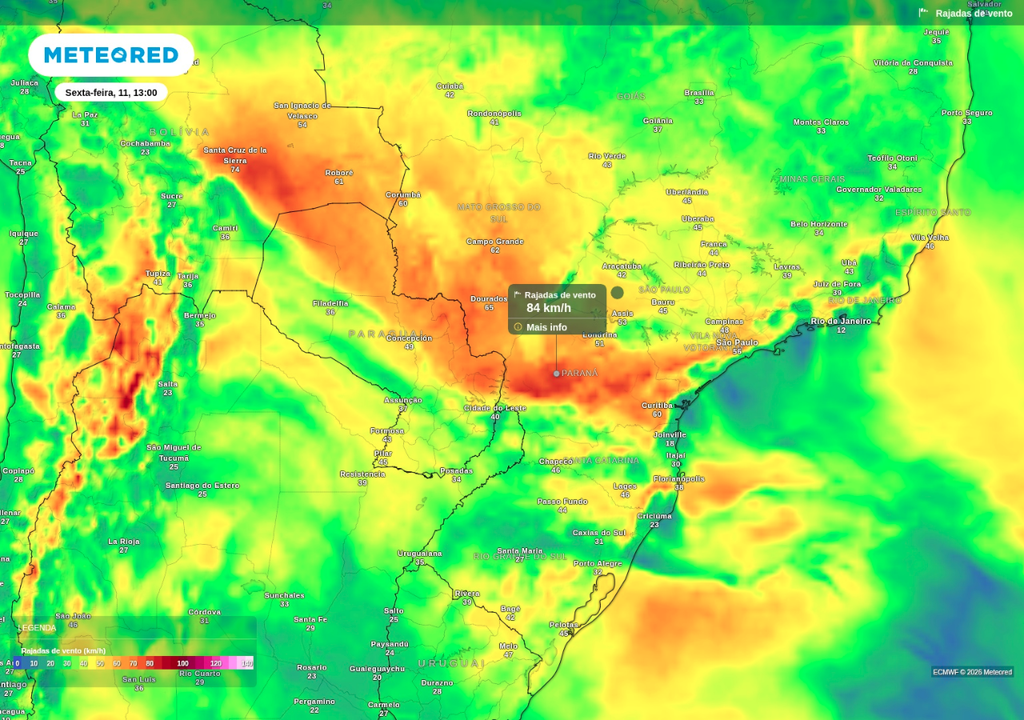Previsão de rajada de vento nesta sexta-feira (11), segundo o ECMWF.