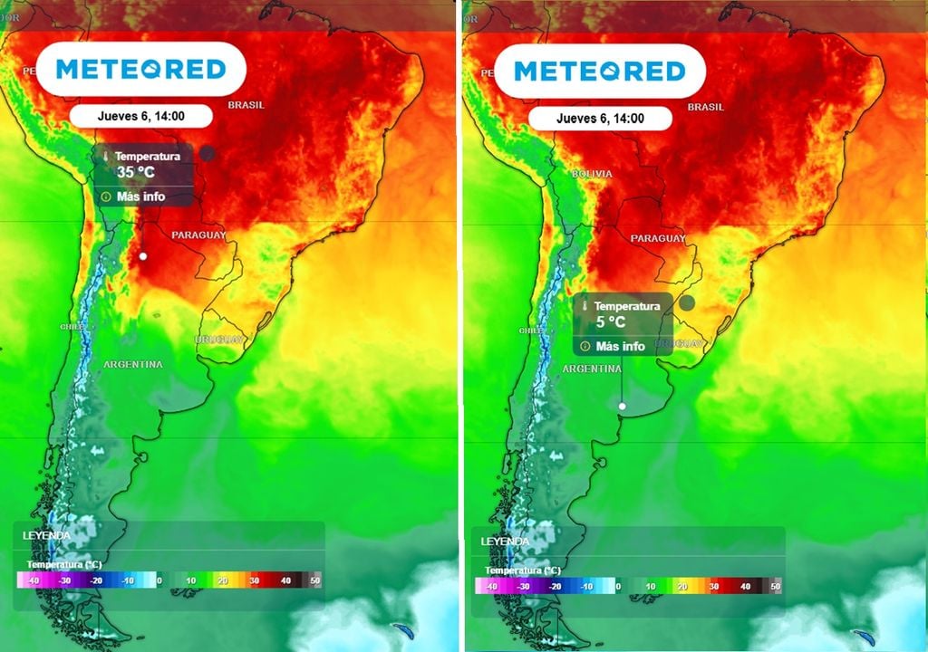 frente frío del jueves 6 de agosto Diferencia de 30 °C entre el norte y el centro del país en simultáneo para la tarde del jueves 6, a medida que avance el frente frío la masa de aire más seca y fría también llegará al norte argentino.