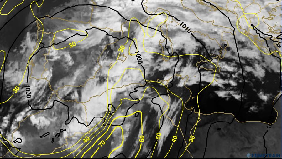 Imagen IR de las 00 UTC junto con análisis en superficie, hPa y línea negra, e isotacas en 300 hPa, en amarillo y ms-1, según el modelo del CEPMP. Fuente: EUMETRAIN.