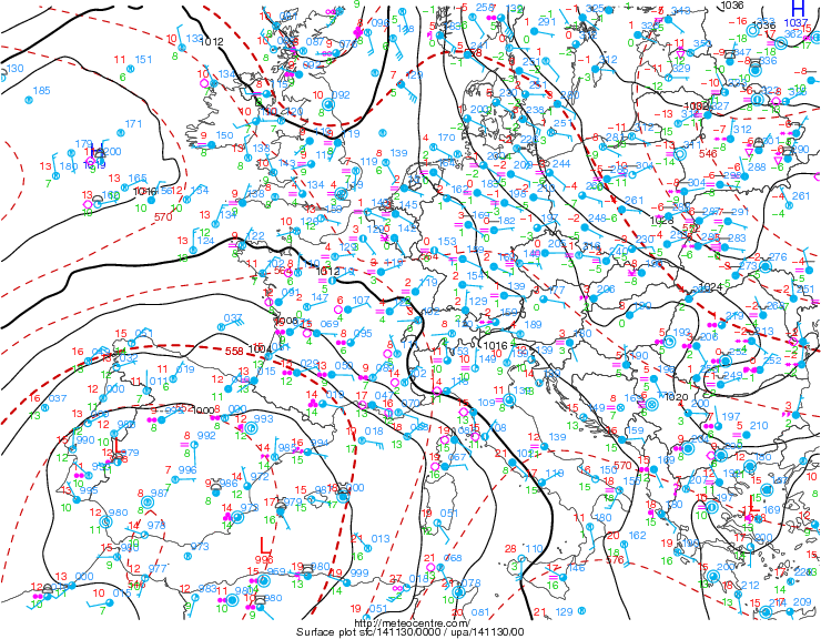 Mapas de superficie del día 30 de noviembre de 2014 a las 00, donde se muestran las isobaras, en negro y hPa, "L" denota baja en superficie y datos sinópticos complementarios. Fuente: Meteocentre.