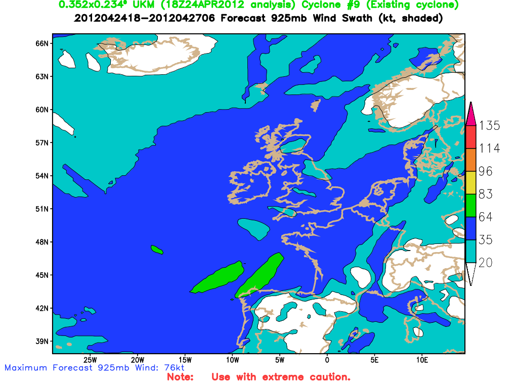 Figura 2.- Franjas de máximos de vientos del modelo global UKM de la Met Office para la zona donde se desarrollaba Petra. Los datos en nudos, kt, y según escala adjunta, se han calculado para el periodo que indica la figura al nivel bajo de 925 hPa: desde el 24 de abril a las 18 UTC hasta el 27 de abril a las 06 UTC. Fuente: Dept. de Meteorología, Universidad de Florida.