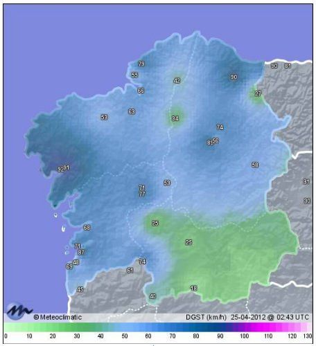 Figura 5. Rachas en superficie, km/h, a primeras horas del 25 de abril de 2012 en Galicia.