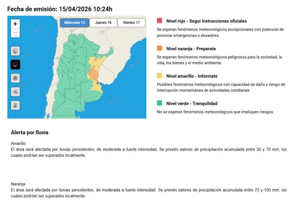 Alerta inundaciones Buenos Aires Argentina ciclogénesis SMN tiempo lluvias fuertes Alerta oficial por lluvias fuertes vigente entre la tarde y noche de este miércoles 15. Fuente. SMN Argentina.