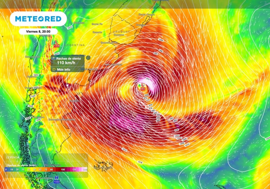 Durante el viernes el marcado gradiente de presión producirá viento muy intenso sobre el norte de la Patagonia con algunas ráfagas de más de 100 km/h.