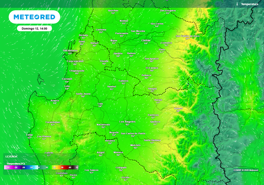 Suben las temperaturas en la precordillera de Chile centro-sur el fin de semana Temperatura máxima (°C) para el domingo (12) en las regiones de Ñuble y Biobío.