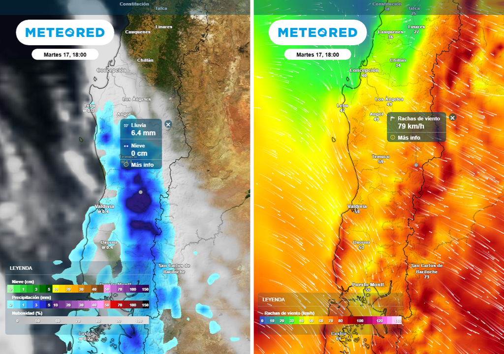 Ciclón extratropical en Chile centro sur, Meteored Precipitación (mm) -imagen izquierda- y rachas de viento (km/h) -imagen derecha- para la tarde del martes 17 de febrero 2026 en Chile centro sur.