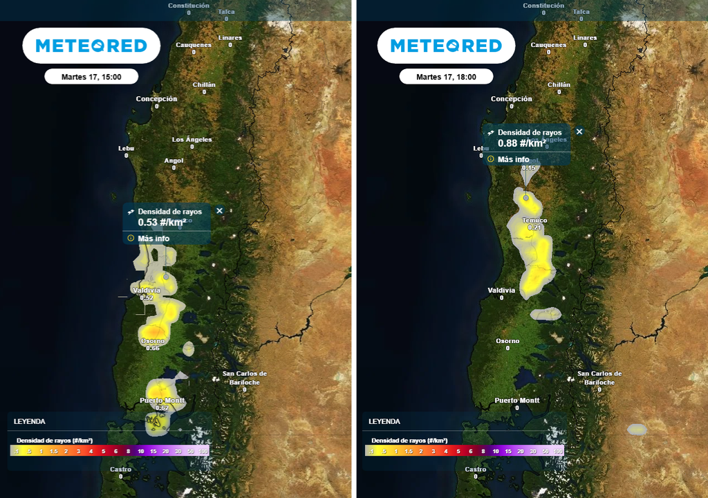 Ciclón extratropical en Chile centro sur, Meteored Densidad de rayos (#/km2) para la tarde del martes 17 de febrero 2026 en Chile centro sur.