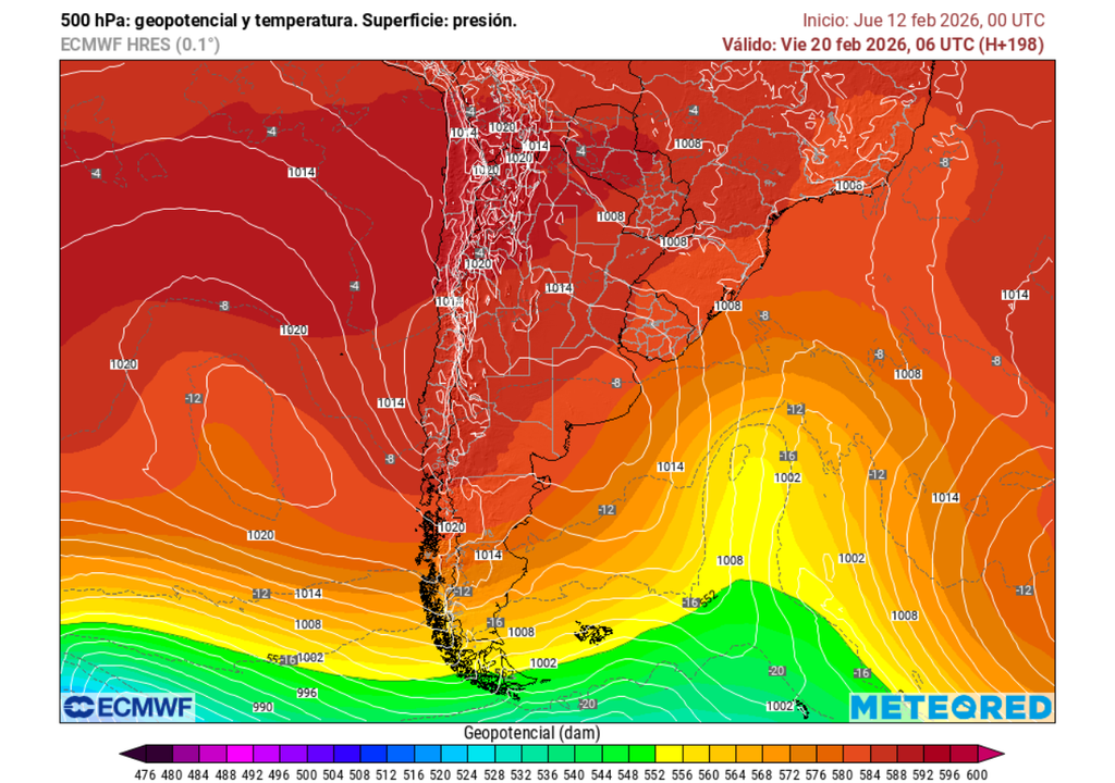 Evento de altas temperaturas en Chile centro sur, Meteored Proyección de la dorsal en altura (tonos rojo y naranjo) para el viernes 20 de febrero 2026 en Chile.