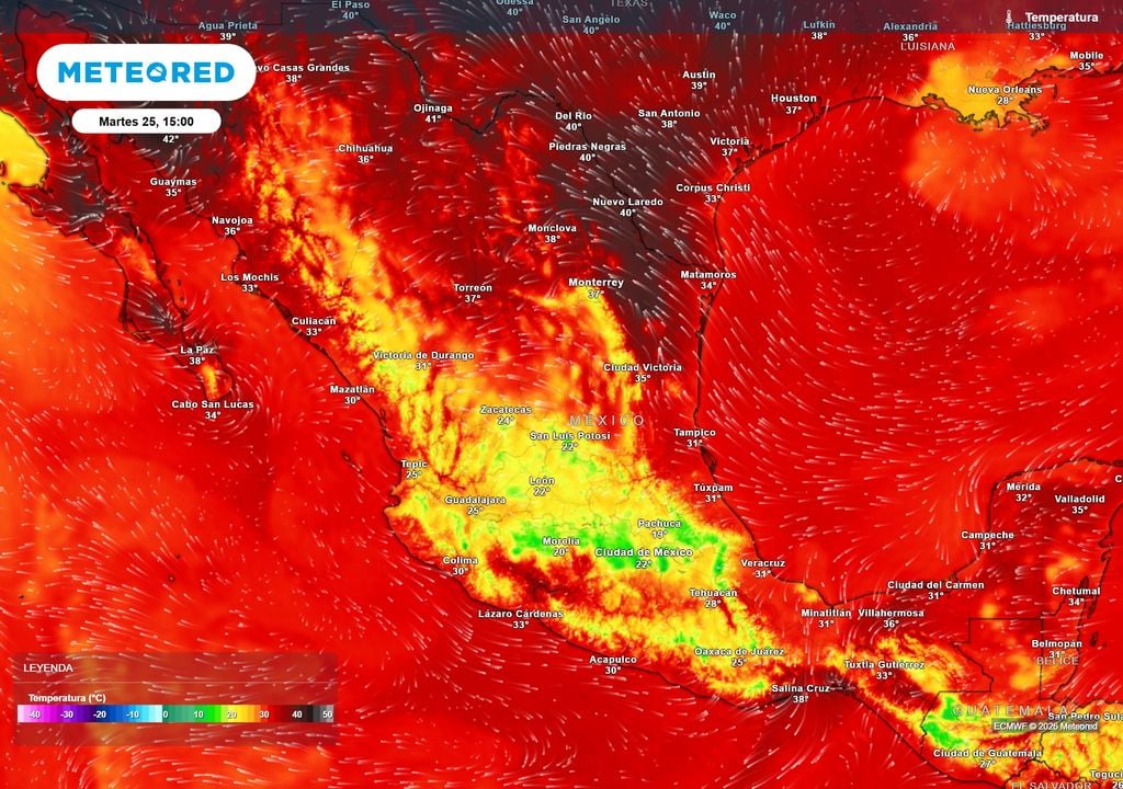El noroeste, noreste, sureste tendrían los valores superiores 40 °C, siendo lo más extremos en BC., y Son., con 50 °C, mientras el Altiplano sigue fresco.