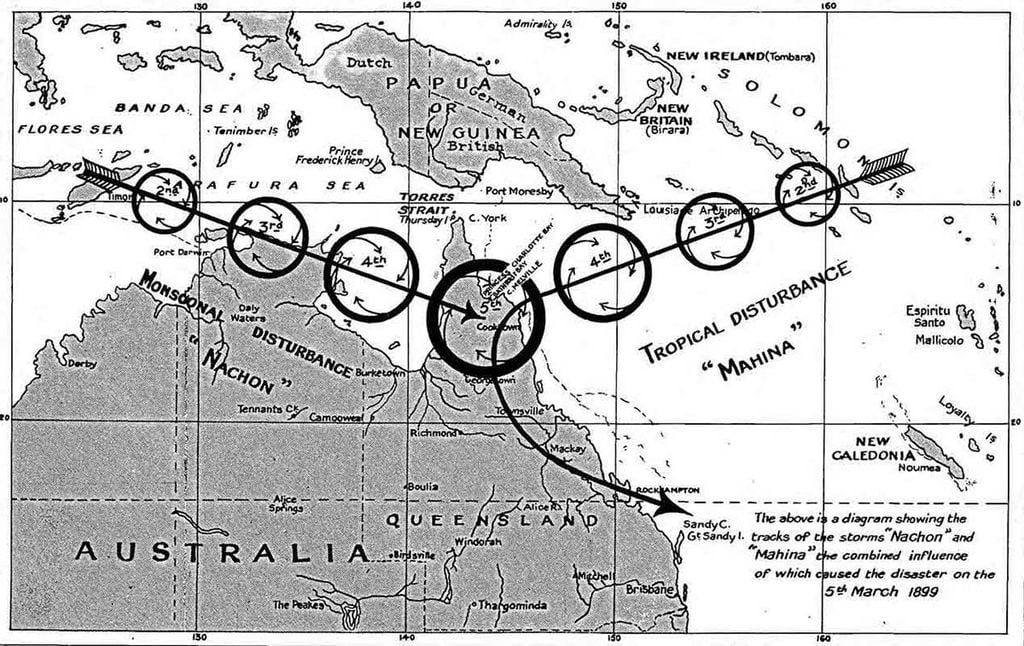 Mapa de la zona de Australia y Papúa Nueva Guinea que muestra la actividad ciclónica a fecha de 5 de marzo de 1899.MNA