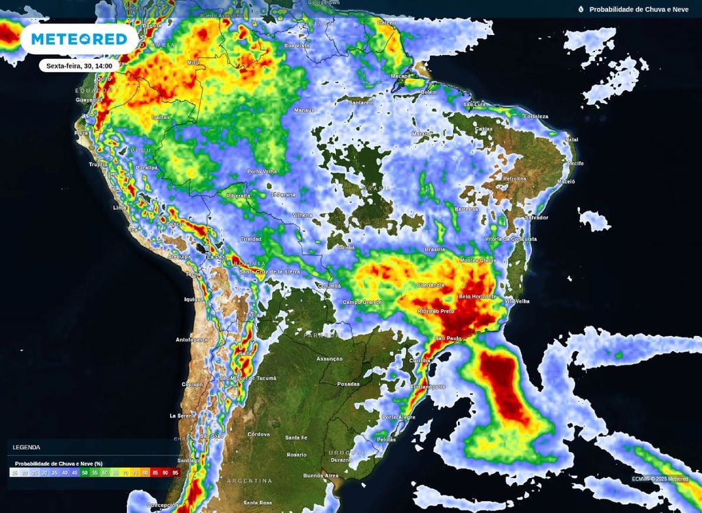 Probabilidade de precipitação para a tarde desta sexta-feira (30).