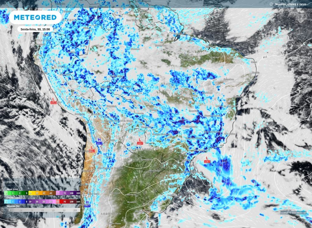 Chuva, nebulosidade e pressão a nível médio do mar prevista para a tarde desta sexta (30).