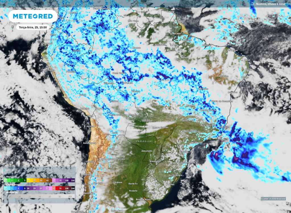 Mapa de precipitação e nebulosidade para a tarde desta terça-feira (25).