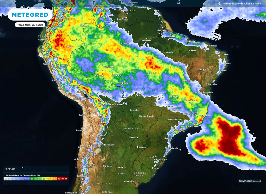 Probabilidade de chuva para a tarde desta terça-feira (25), segundo o modelo ECMWF.