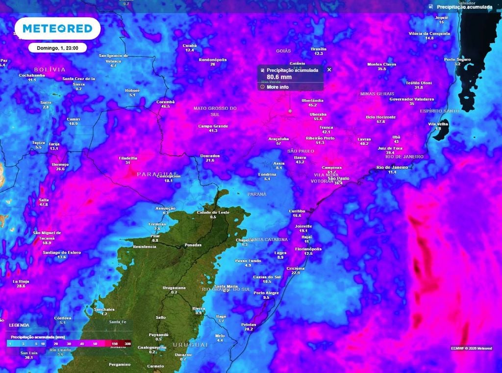 Previsão de precipitação acumulada (em mm) até a noite (23h) do domingo (1º), segundo o modelo europeu ECMWF.