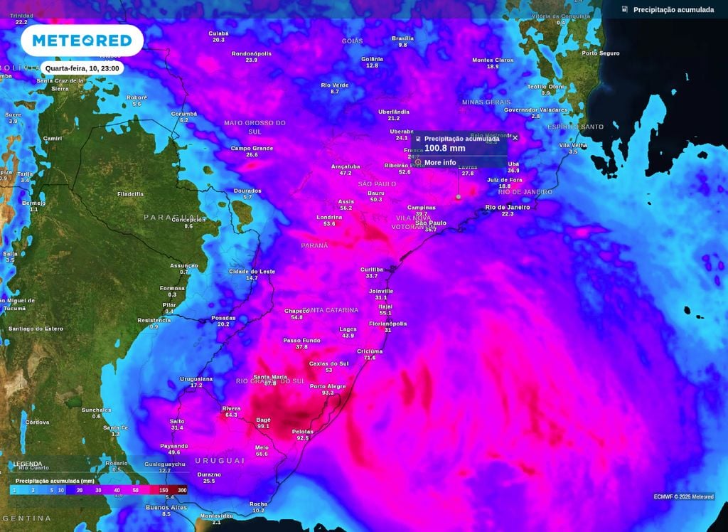 Chuva acumulada entre terça (9) e quarta (10). Chuva acumulada entre terça (9) e quarta (10).