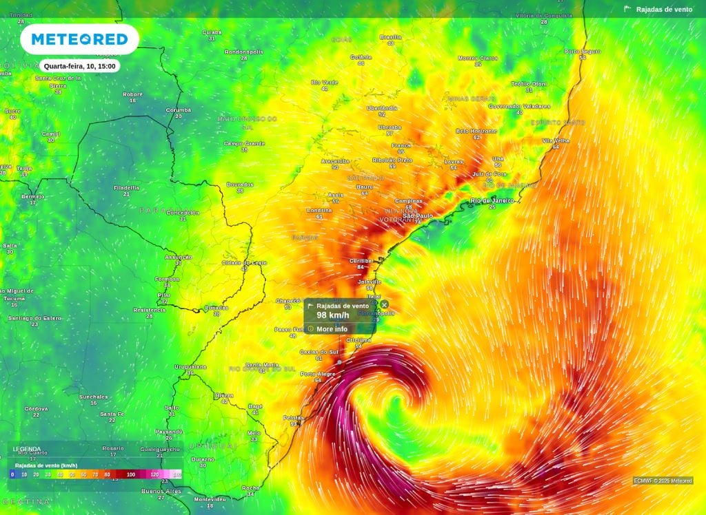 Rajadas de vento previstas para a tarde de quarta-feira (10), segundo o modelo ECMWF. Rajadas de vento previstas para a tarde de quarta-feira (10), segundo o modelo ECMWF.