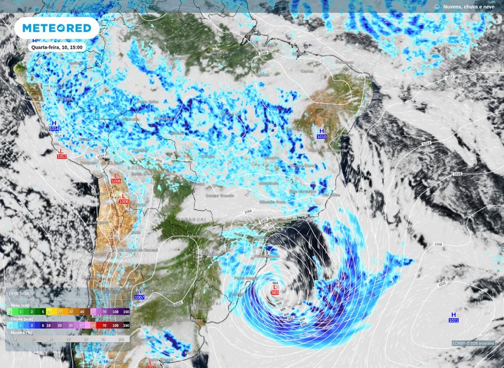 Precipitação, nebulosidade e pressão a nível médio do mar para esta quarta-feira (10). Precipitação, nebulosidade e pressão a nível médio do mar para esta quarta-feira (10).