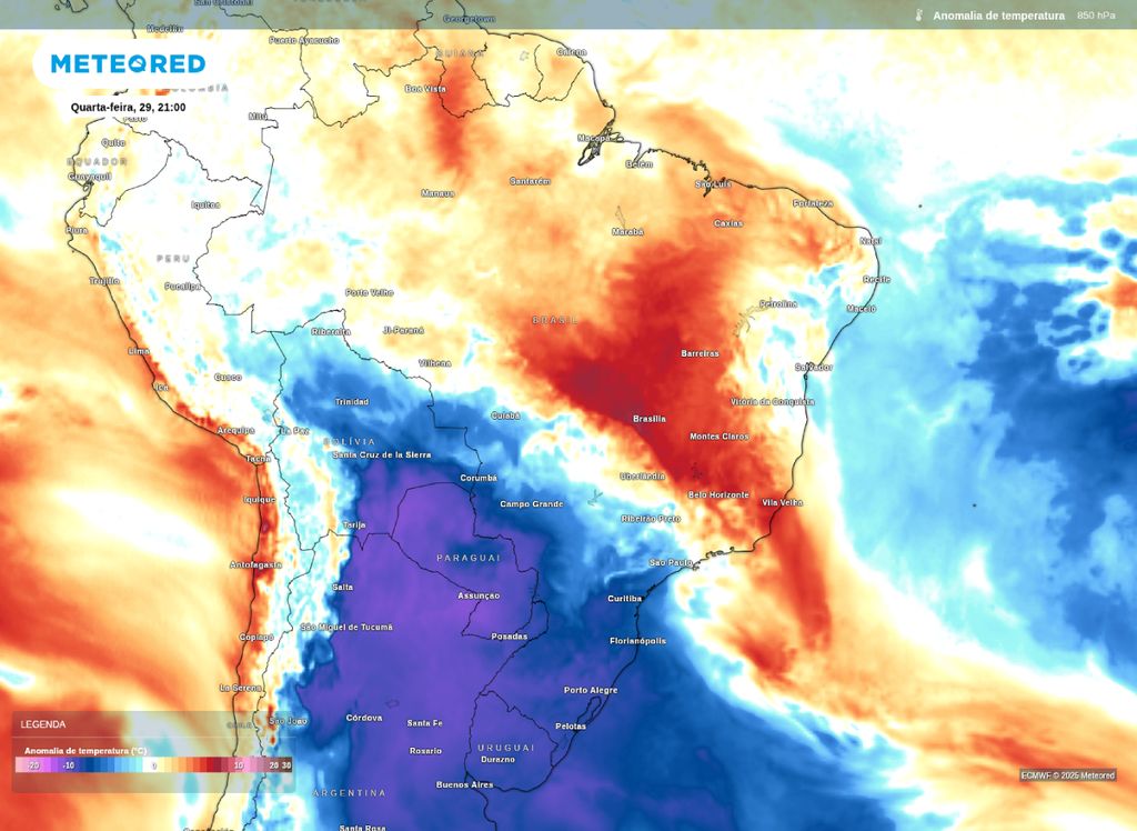 Anomalia de temperatura em 850 hPa.