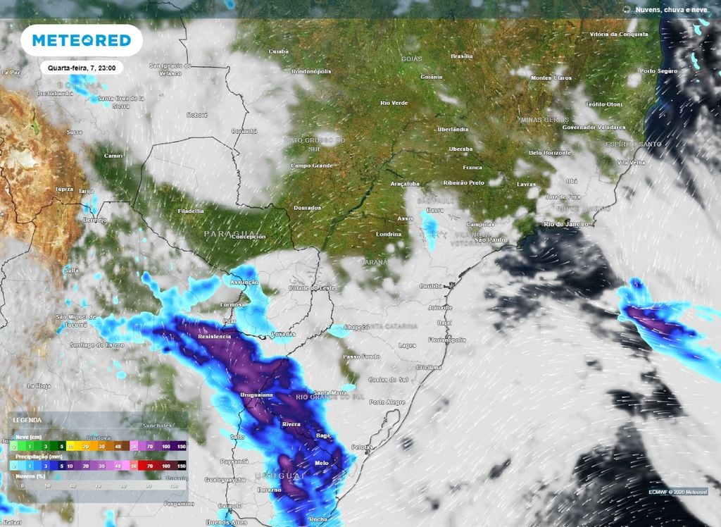 Precipitação e nebulosidade Chuva prevista para o final da noite de quarta-feira (7), de acordo com o modelo ECMWF.