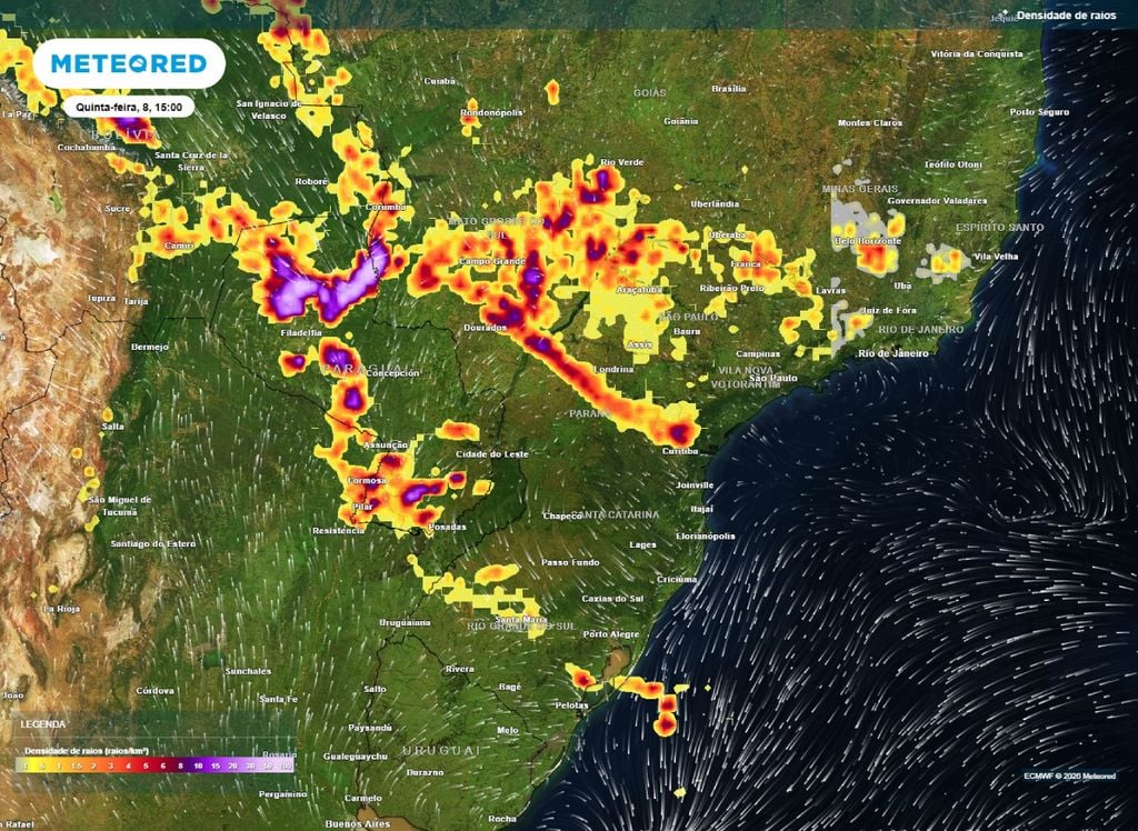 Densidade de raios Mapa de densidade de raios mostra áreas com maior potencial para a ocorrência de tempestades nesta quinta (8).