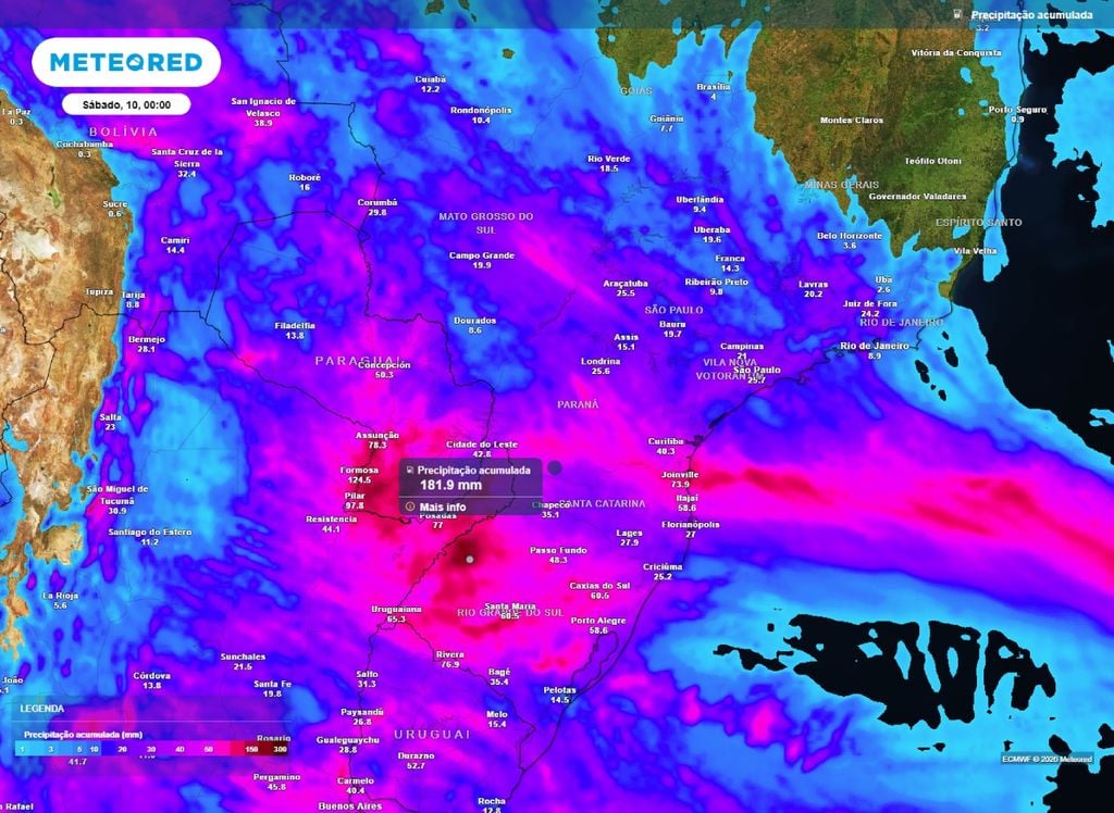 Precipitação acumulada Mapa de chuva acumulada para esta semana.