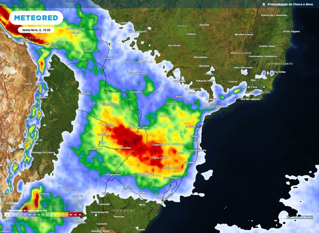 Probabilidade de chuva Mapa de probabilidade de chuva para a tarde de sexta-feira (9).
