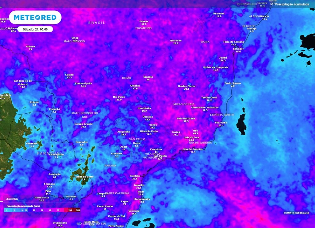 Precipitação acumulada até a sexta-feira, 20 de fevereiro.