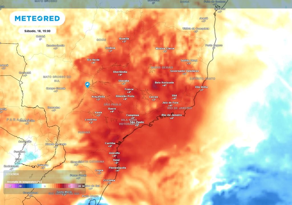 Previsão de anomalias de temperatura em 850 hPa mostra a presença de uma massa de ar quente sobre o Brasil central, especialmente sobre a região Sudeste, que faz as temperaturas subirem.