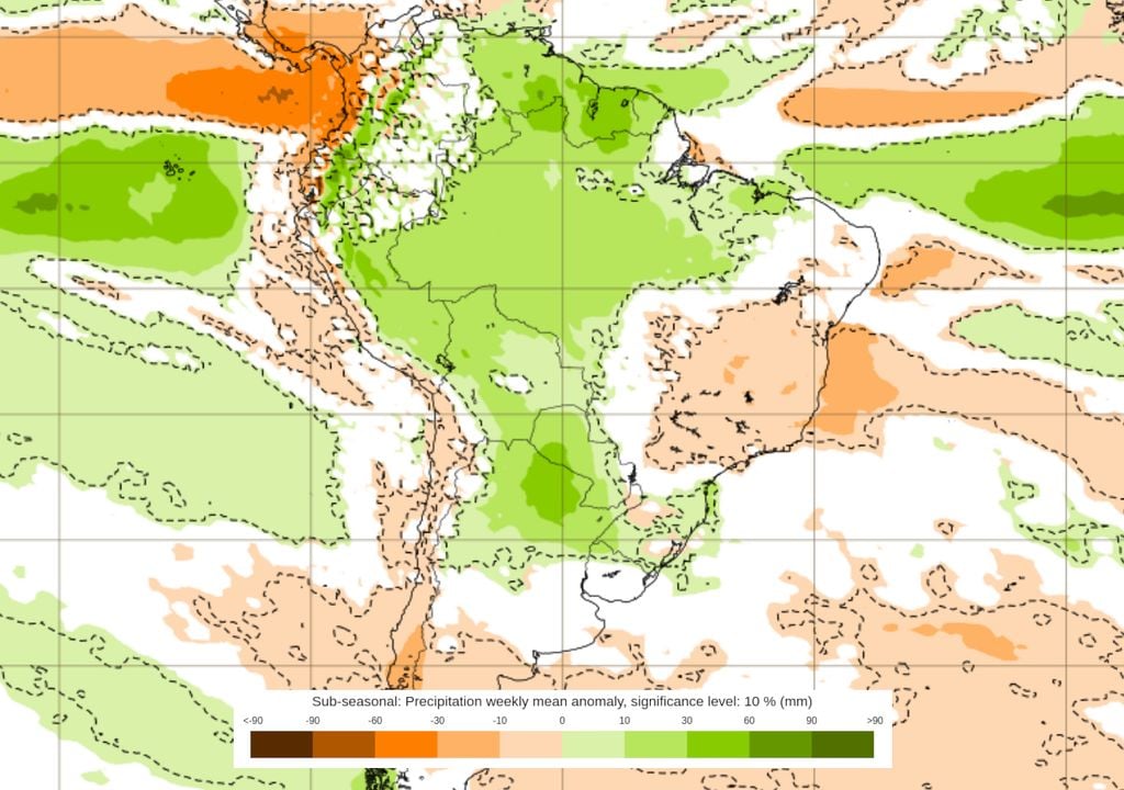 Previsão de anomalias de chuva entre os dias 20 e 27 de Abril (ECMWF) mostra que o clima continuará seco no Brasil central, com destaque para o Sudeste, com chuvas muito abaixo da média.