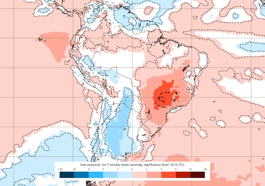 Previsão de anomalias de temperatura entre os dias 20 e 27 de Abril (ECMWF) mostra que o clima continuará muito quente no Sul, Sudeste e Centro-Oeste, sinalizando uma onda de calor intensa.